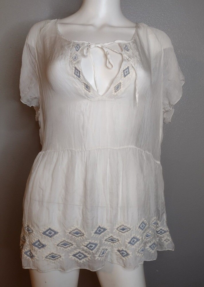 Johnny Was  4LoveAndLiberty Blouse Top Large Ivory Silk Embroidered Boho Q